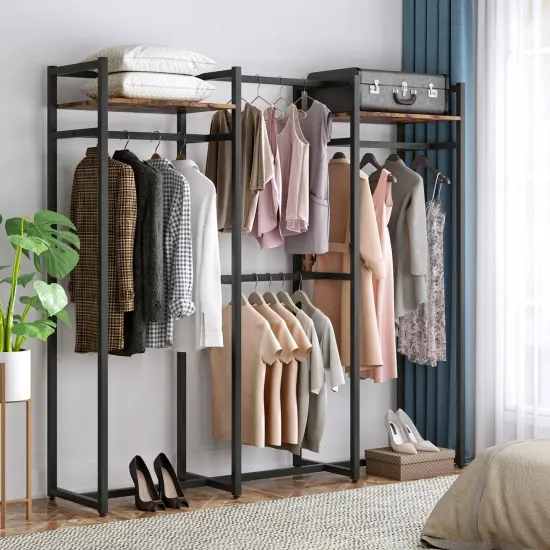 Black Metal Garment Rack with Wood Shelves and Space-Saving Design {2}