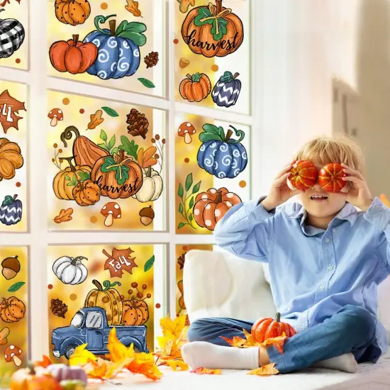 6 Sheets Fall Window Clings Double-Sided Window Stickers with Orange Maple Leaves {5}