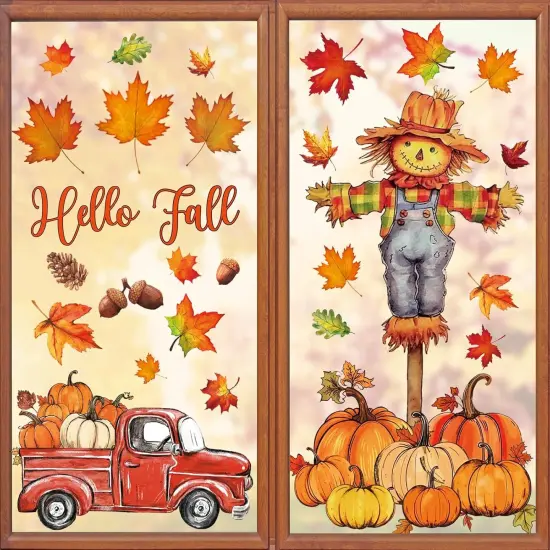 6 Sheets Fall Window Clings Watercolor Truck Pumpkin Maple Leaves {1}