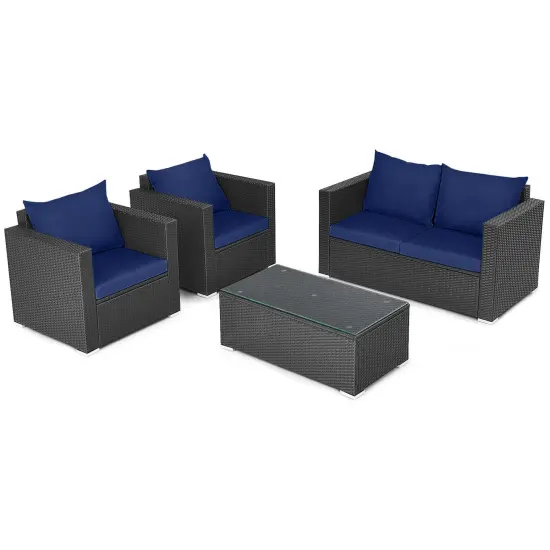 Costway 4 PCS Patio Rattan Furniture Set Cushioned Sofa Chair Coffee Table Blue/Red {7}