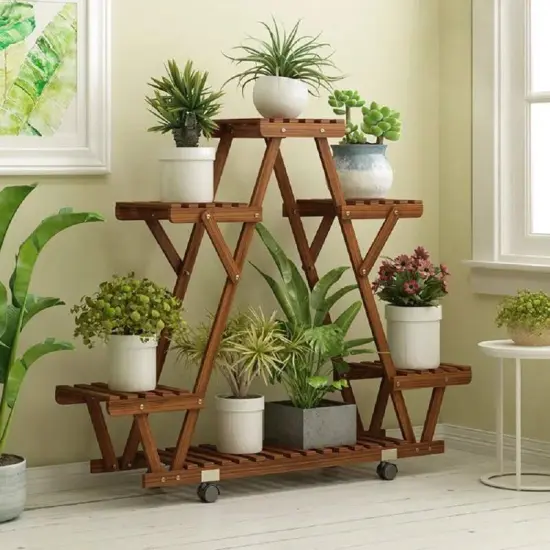 Dark Brown Solid Wood 4 Tier Plant Stand with Wheels and Shelves {2}