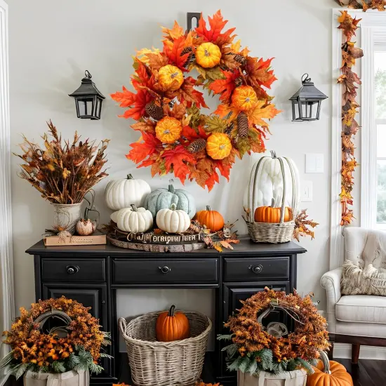 20 Inch Fall Wreaths for Front Door, Autumn Maple Leaves Pumpkin Pine Cone Wreath, Fall Decorations for Harvest Thanksgiving Halloween Farmhouse Home Outside Window Wall {4}