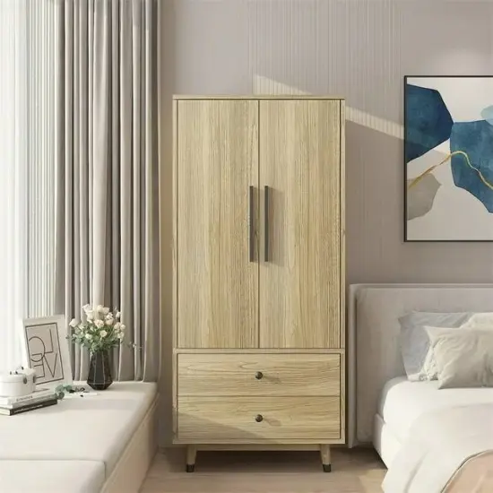 Oak MDF 2 Door Wardrobe with Hanging Rod and Shelves Compact Durable Bedroom Storage Unit {3}