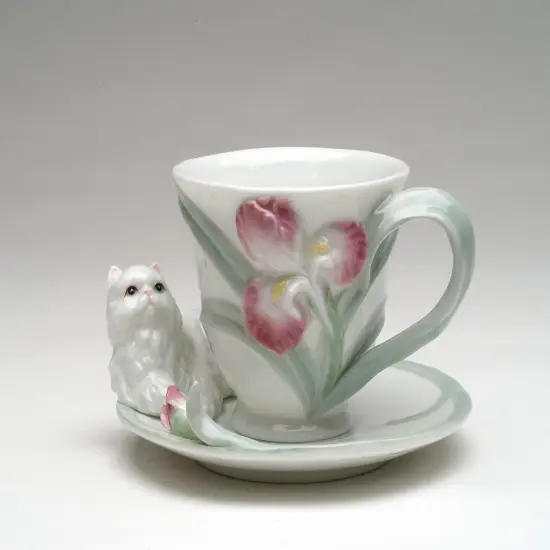 Ceramic Persian Cat with Iris Flower Cup & Saucer, Gift for Her, Gift for Mom, Gift for Friend or Coworker, Tea Party D&eacute;cor, Caf&eacute; Decor {3}