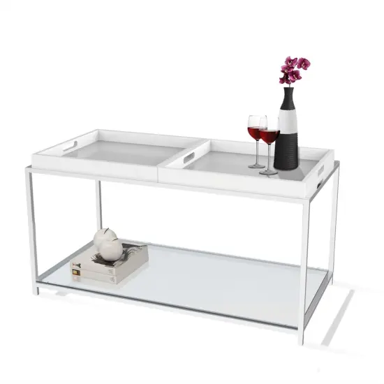 Modern Chrome Coffee Table with Removable White Trays and Glass Shelves for Living Room {1}