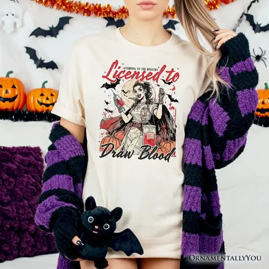 Licensed to Draw Blood Halloween Nurse T-Shirt, Groovy Tee for Spooky Season {2}