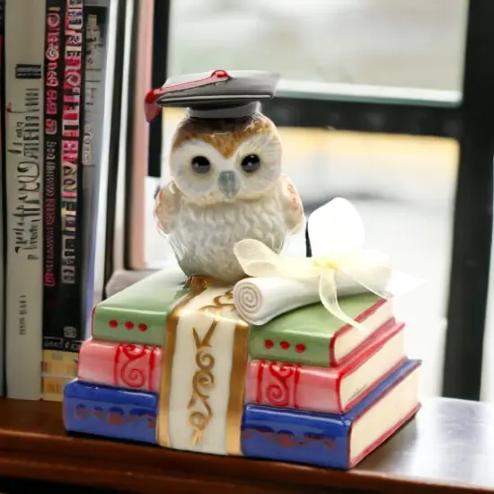 Ceramic Graduating Owl Music Box Playing "Over the Rainbow", Home Décor, Graduation Gift, Gift for Son, Gift for Daughter {1}