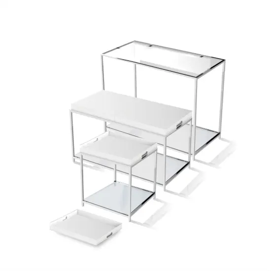 Modern Chrome End Table with Removable White Tray and Tempered Glass Shelves for Living Room {2}