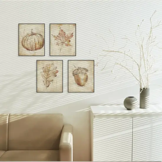 Set of 4 -Fall Wall Decor, Vintage Rustic Pumpkin Maple Leaf Pictures {3}