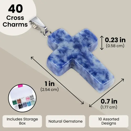 40 Piece Cross Charms for Jewelry Making, Bracelets, with Bail, Storage Case, Natural Gemstone Pendants for Necklaces, DIY Crafts, Keychains (10 Colors) Multicolor {5}