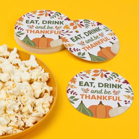 Big Dot of Happiness 25 Ct Eat Drink and Be Thankful Drink Coasters, 4-Inch Disposable Round Paper Coasters for Friendsgiving Thanksgiving Decoration {4}