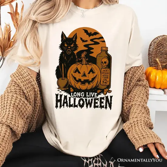 Long Live Halloween T-Shirt, Retro Black Cat Pumpkin Tee for Horror Fans {2}