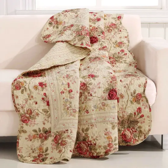 Floral Roses Cotton Quilt Throw Blanket Red Pink Gold Ecru {1}