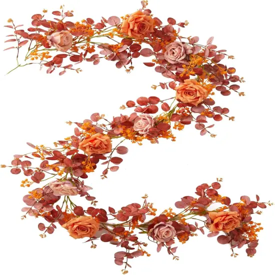 Artificial Fall Eucalyptus Garland with Flowers - Orange {1}