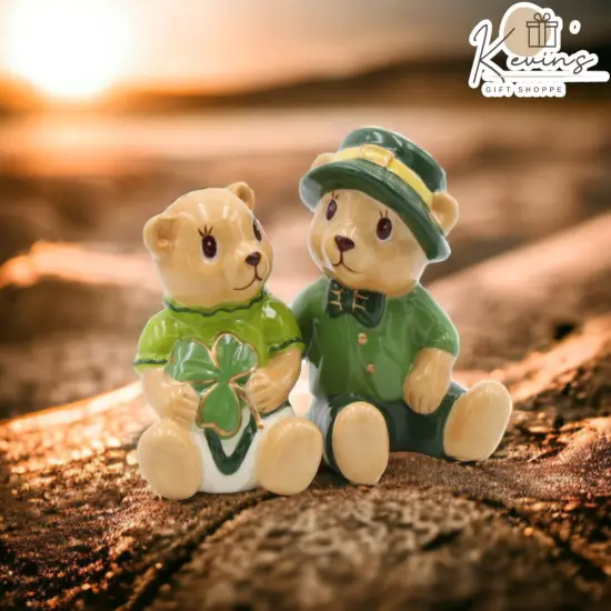 Ceramic Irish Teddy Bear Couple with Shamrock Salt and Pepper, Gift for Her, Gift for Mom, Kitchen D&eacute;cor, Irish Saint Patrick&rsquo;s Day D&eacute;cor {2}