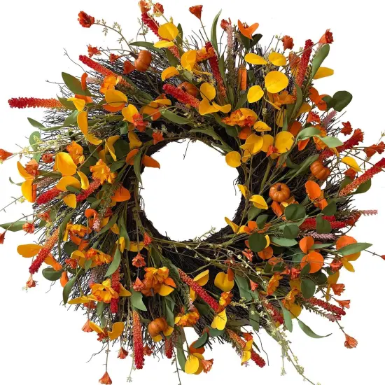 24 Inch Orange Autumn Fall Wreath with Little Pumpkins {1}
