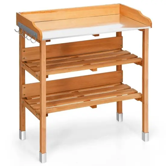 Outdoor Wood Garden Bench with Storage Shelves and Metal Work Surface {4}