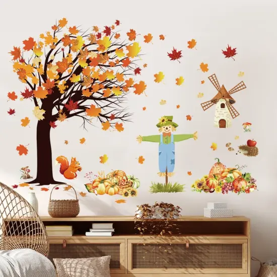 Fall Maple Leaves Wall Decals Autumn Pumpkin Scarecrow Wall Stickers {2}