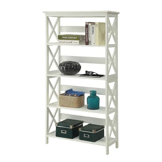 Modern 5-Tier Bookcase with Large Shelves and Glossy Finish Ideal for Office or Living Room White {1}