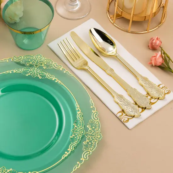 350PCS Green & Gold Disposable Dinnerware Set &ndash; Plates, Cutlery, Cups & Napkins for 50 Guests {3}