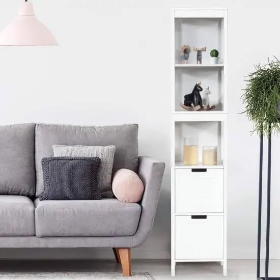 Bathroom Cabinet Tower with 2 Storage Drawers and 3 Shelves in White Wood Finish {4}