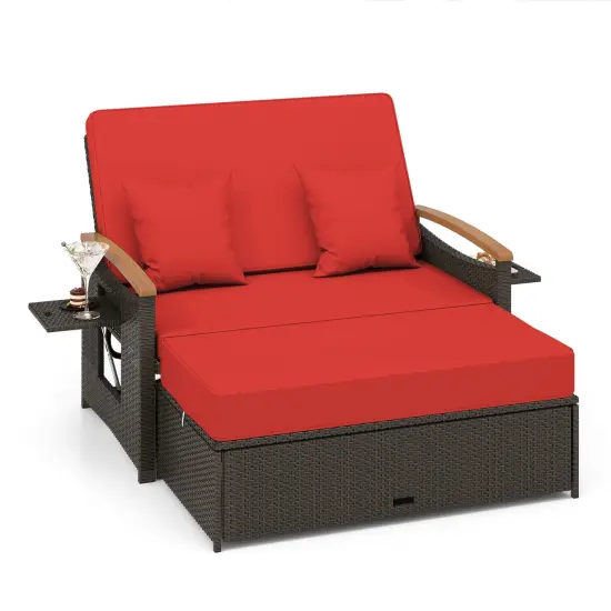 Costway Patio Rattan Daybed Set with Cushioned Loveseat & Storage Ottoman for Porch Beige/Navy/Red/Turquoise/Black/Gray {8}