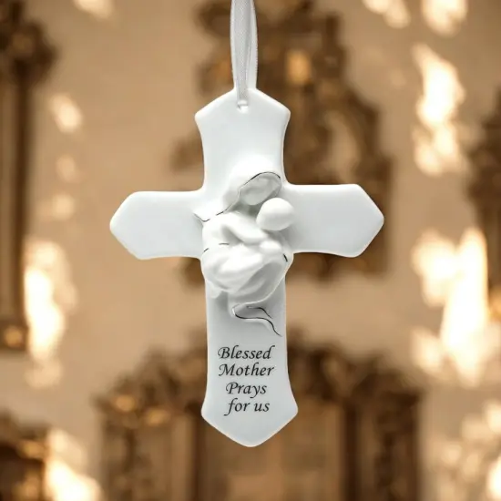 Ceramic Mother & Child on Cross Wall Decor, Religious Gift, Religious Decor, Gift for Her {2}