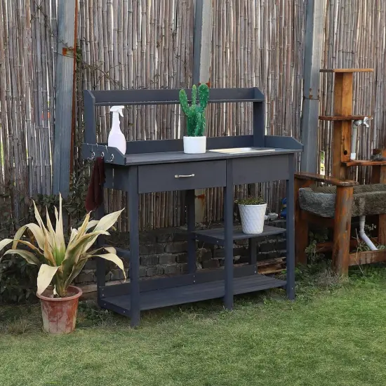 Grey Solid Wood Outdoor Potting Bench with Sink, Drawer and Hooks {2}