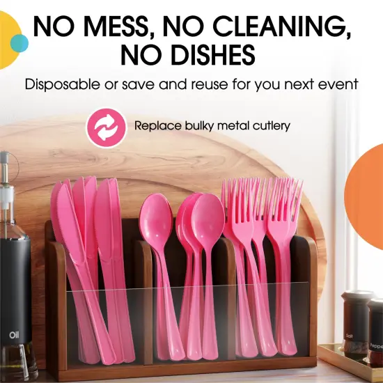 Exquisite Polished Plastic Silverware &ndash; 150 Pcs Heavy Duty Cutlery Set &ndash; 50 Each of Forks, Knives & Spoons &ndash; Disposable Utensil Set for Parties, Events & Catering &ndash; Flatware Set by Party Solids Hot Pink {5}