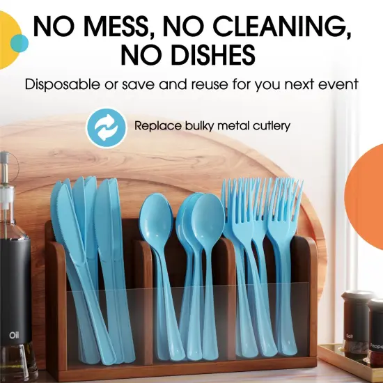 Exquisite Polished Plastic Silverware &ndash; 150 Pcs Heavy Duty Cutlery Set &ndash; 50 Each of Forks, Knives & Spoons &ndash; Disposable Utensil Set for Parties, Events & Catering &ndash; Flatware Set by Party Solids Light Blue {5}