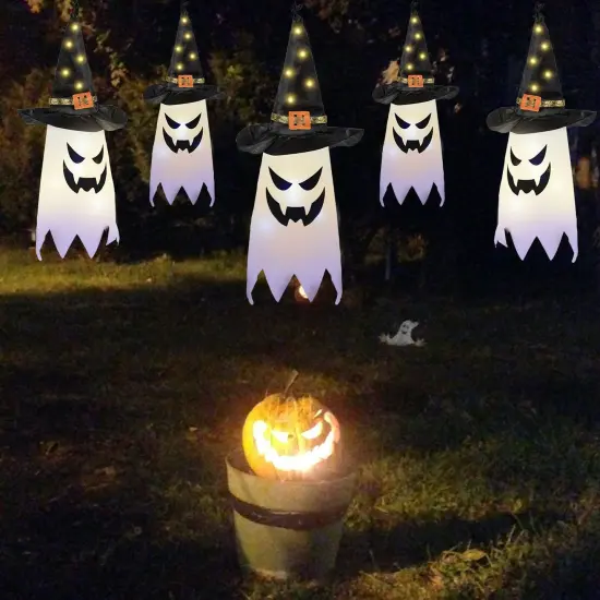 5 PCS Hanging Lighted Glowing Ghost Witch Hat {5}