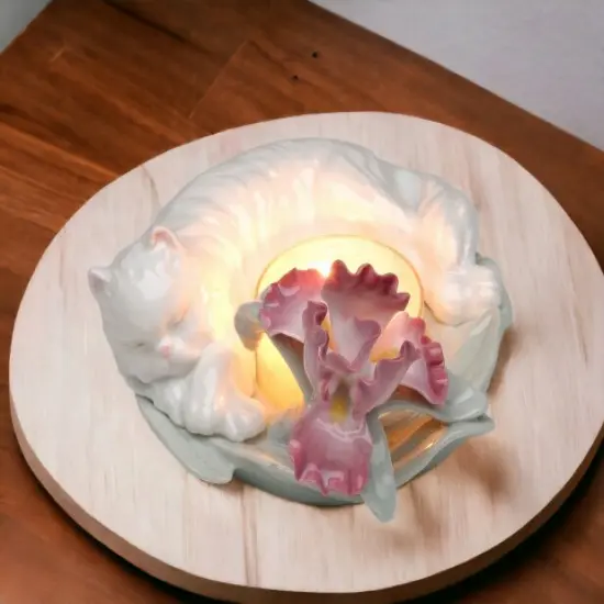 Ceramic Sleeping Cat with Iris Flower Tealight Candle Holder, Home D&eacute;cor, Gift for Her, Mom, Bathroom D&eacute;cor, Cat Lovers Gift, Pet Loss Gift {2}