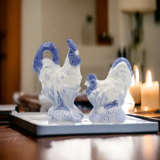 Ceramic White Rooster With Blue Print Salt And Pepper Shakers, Home D&eacute;cor, Gift for Her, Gift for Mom, Kitchen D&eacute;cor, Farmhouse Decor {2}