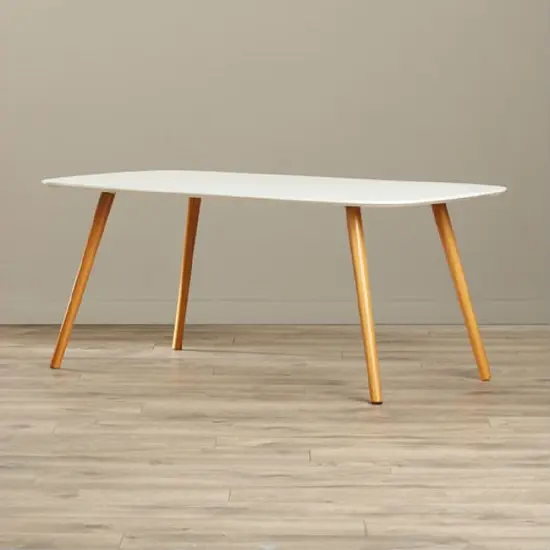 Modern Rectangle White Top Coffee Table with Brown Wood Trestle Base and Glossy Finish {4}