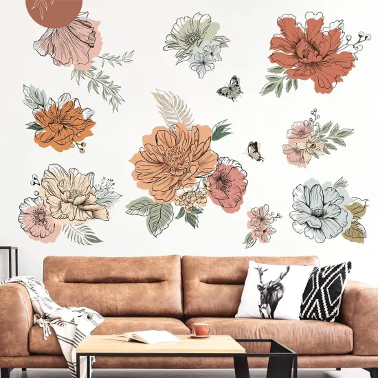 Boho Vintage Large Flower Wall Decals Bohemian Retro Floral {1}