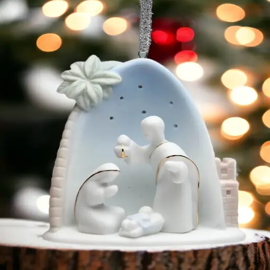 Ceramic Holy Family Nativity With Palm Tree Ornament, Home D&eacute;cor, Religious D&eacute;cor, Religious Gift, Church D&eacute;cor, Baptism Gift {1}