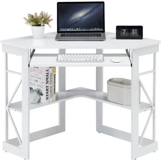 White Engineered Wood Corner Computer Desk with Shelves and Keyboard Tray {1}