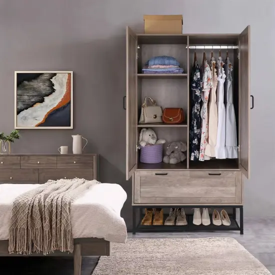 Tall Freestanding Wardrobe Closet with Hanging Rods and Storage Drawer for Bedroom or Entryway {1}