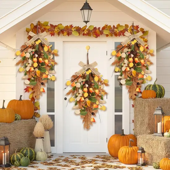 22" Fall Wreaths for Front Door 2 PCS Fall Teardrop Swag Artificial Golden Eucalyptus Leaves and Oak Leaves with Ribbon for Indoor Outdoor Farmhouse Home Wall Window Festival Wedding Decor {4}