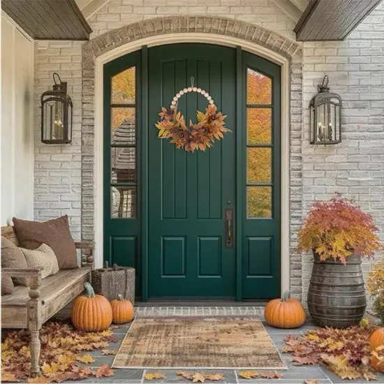 24" Beaded Fall Wreath for Front Door with Wooden Beads {5}