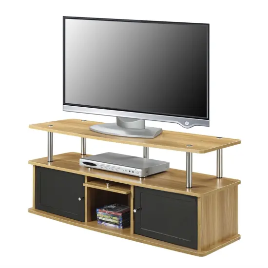 50-inch TV Stand Light Oak Black Wood Finish with 3 Cabinets and Doors {1}