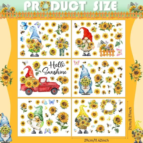 122 Pcs 6 Sheets Summer Wall Stickers Window Clings Gnome Sunflower Wall Decals {2}
