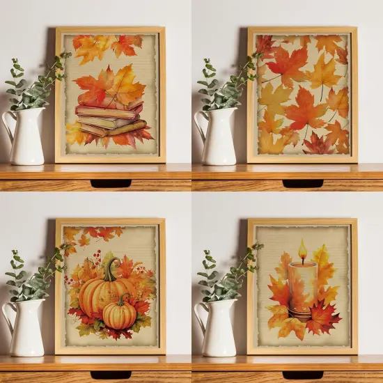 Vintage Fall Wall Art Decor Pumpkin Maple Leaves Posters Wall Decor {2}