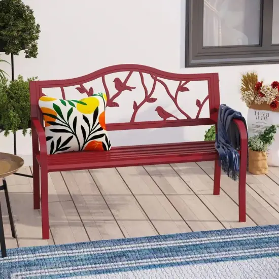 Red Metal Outdoor Garden Bench with Bird Backrest for Patio Decor {1}