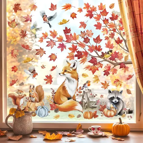 Fall Maple Leaves Tree Branch Window Clings Autumn Animals Fox Squirrel {1}