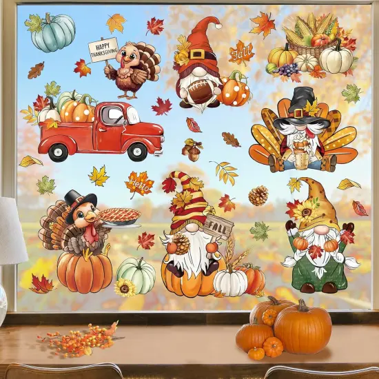 Fall Gnome Window Clings - Thanksgiving Turkey Pumpkin Red Truck {2}