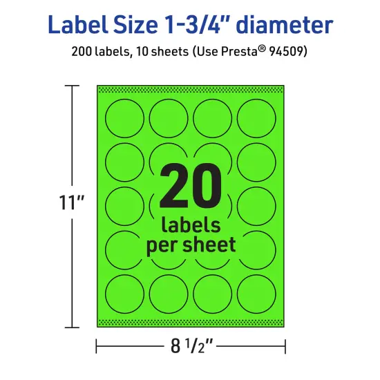 Avery Neon Green Paper Labels, 1.75" Diameter Round {5}