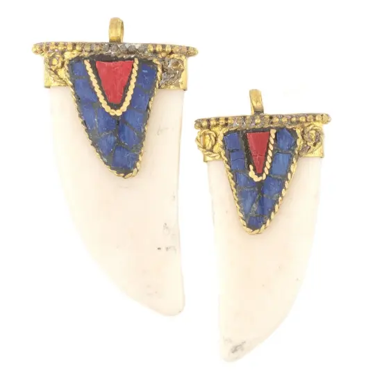 The Bead Chest Blue Inlaid Bone Tooth Pendant 30mm Nepal Multicolor Large Hole {4}