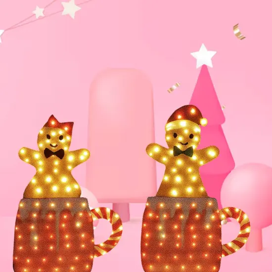 Set of Two Light Up Gingerbread Men in Holiday Mugs Christmas Decoration 40" & 42" Tall {4}