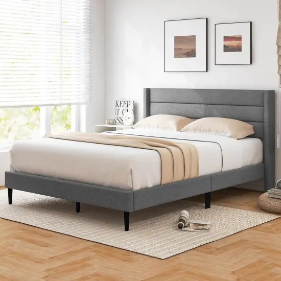 Costway Queen/Twin Bed Frame with Wingback Headboard Linen Upholstered Platform Bed Grey {4}